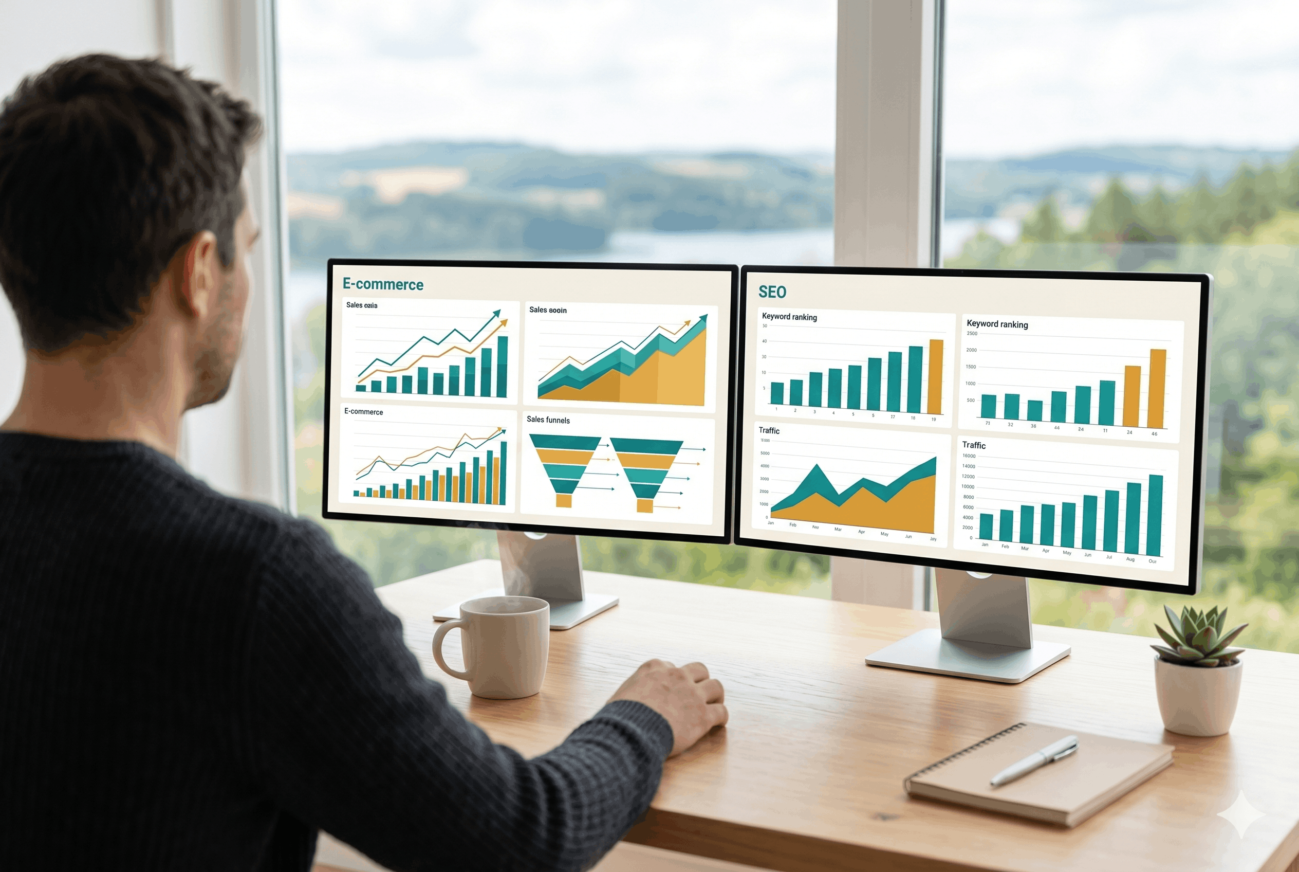 Online-Marketing für Onlineshops, Arbeitsplatz mit Analytics-Dashboard bei BOSSMA in der Uckermark
