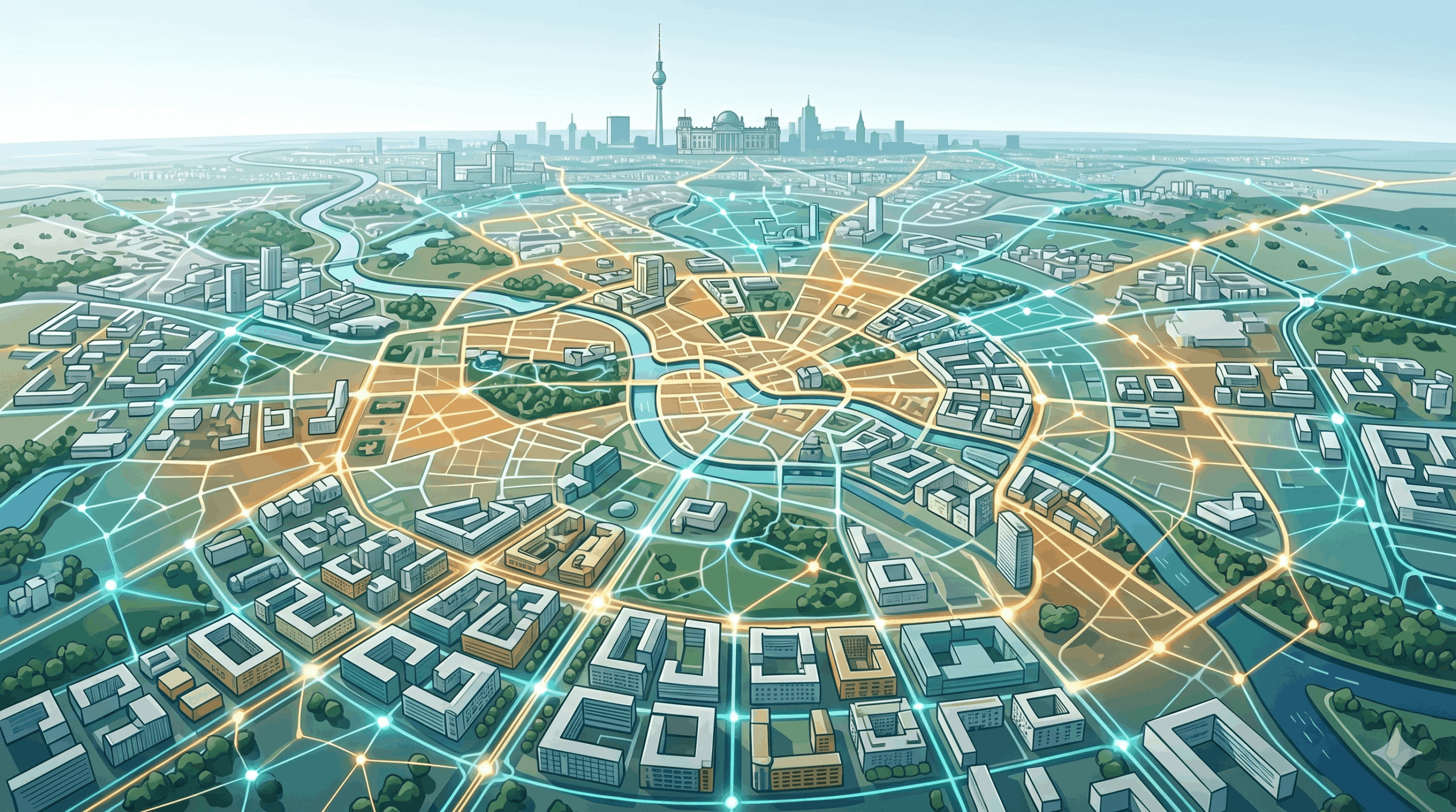 Einzugsgebiet Berlin und Bezirke, Stadtlandschaft an der Spree mit digitalem Netzwerk
