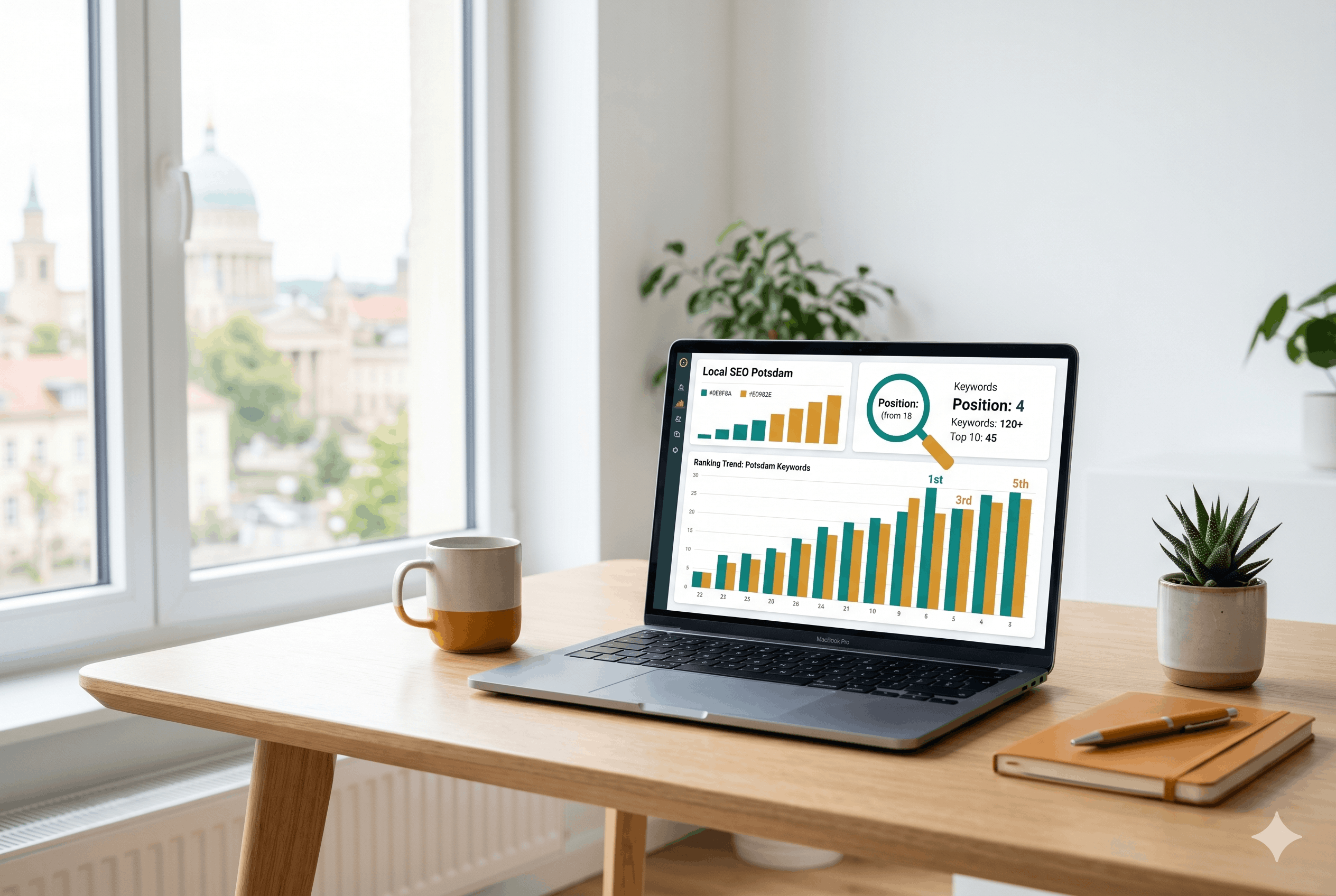 Lokales SEO für Potsdam, Arbeitsplatz mit Ranking-Auswertung bei BOSSMA
