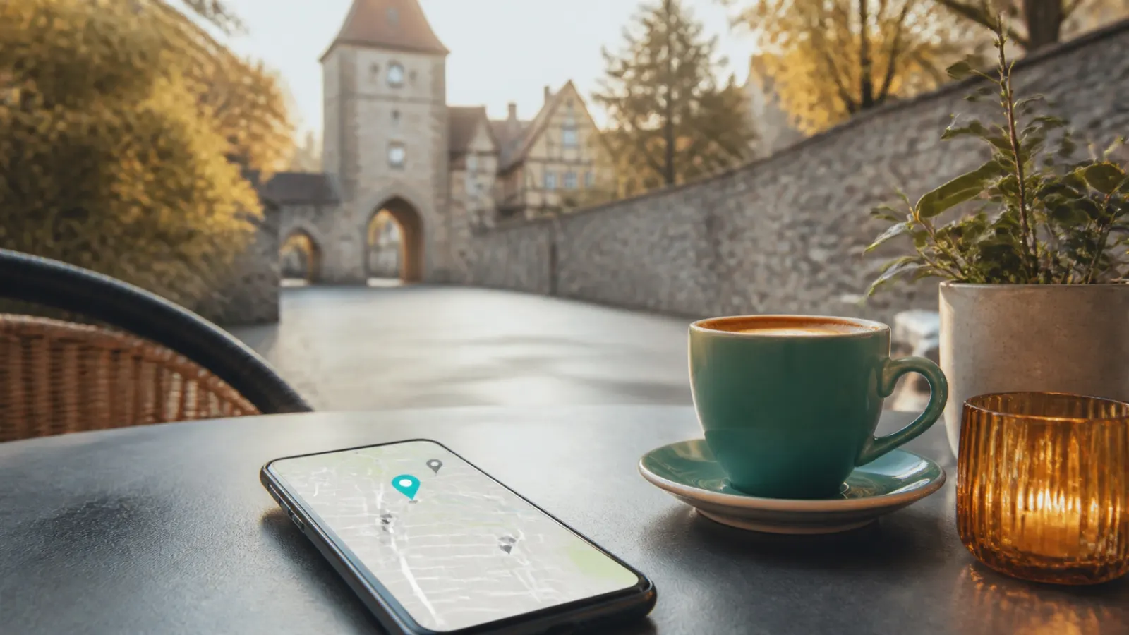 SEO Templin: Smartphone mit Karte und Standort-Pins vor einer historischen Stadtmauer