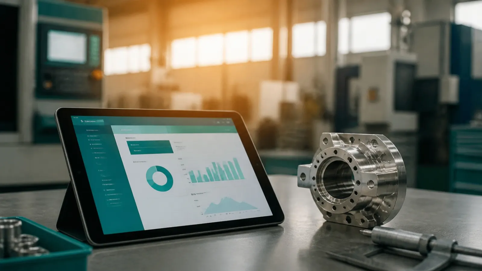 SEO Prenzlau: Tablet mit Auswertung in einer Werkstatt für Maschinenbau
